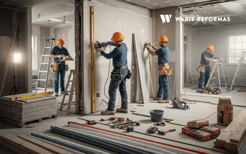 Profesionales trabajando en reforma integral con herramientas y materiales de construccion