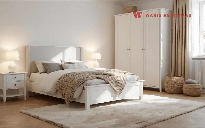 dormitorio con muebles blancos y textiles calidos en tonos neutros