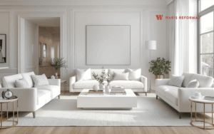 sala de estar luminosa con sofa blanco y decoracion minimalista moderna