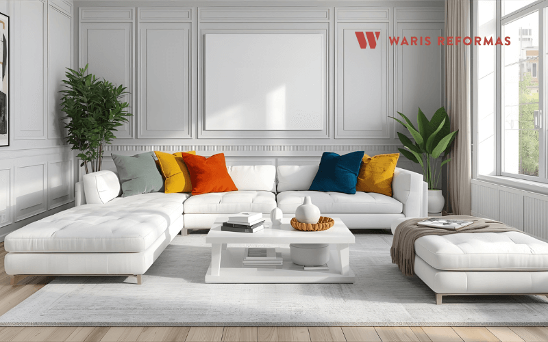 salon moderno con sofa blanco y cojines de colores vibrantes