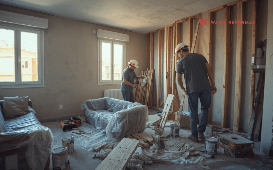 obras con inquilinos dentro reforma interior vivienda con operarios trabajando