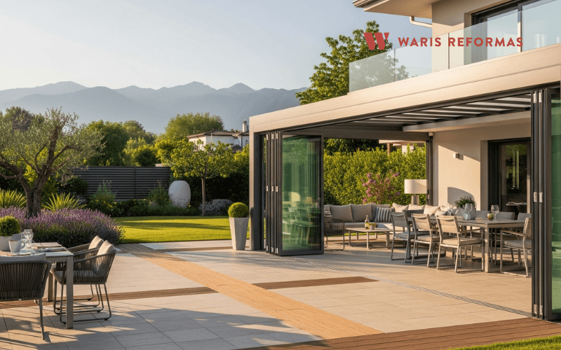 Cerramiento de terraza en casa unifamiliar con sistema de cristal plegable