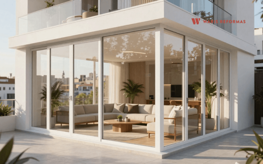 Cerramiento de terraza moderno con cristal y perfiles en vivienda de Madrid
