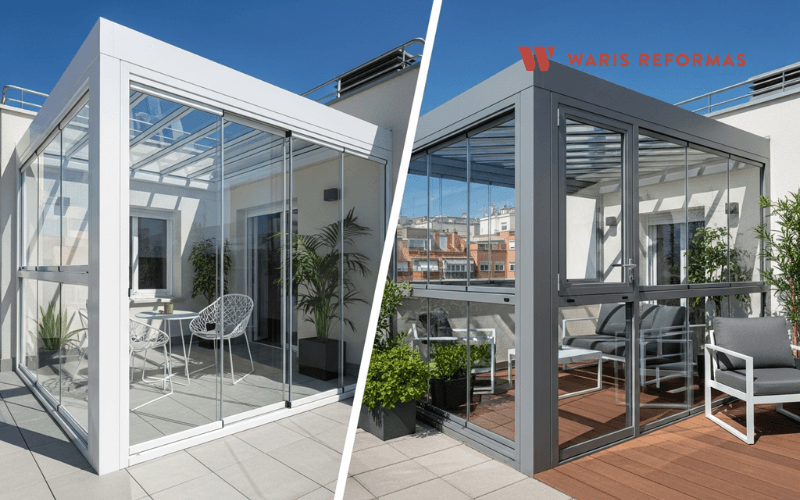 Cerramientos de terraza con perfiles de PVC y aluminio en vivienda moderna de Madrid
