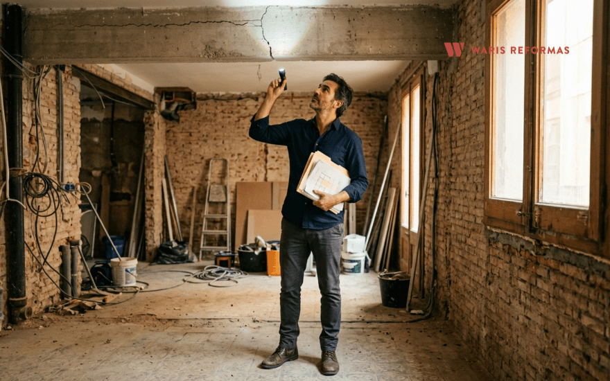 inversor inspeccionando viga agrietada en casa antigua antes de comprar para reformar