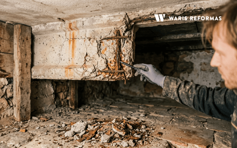 vigueta de hormigon deteriorada con corrosion senal de aluminosis en vivienda antigua