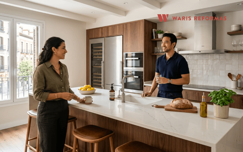 cocina reformada en madrid con isla central y acabados modernos