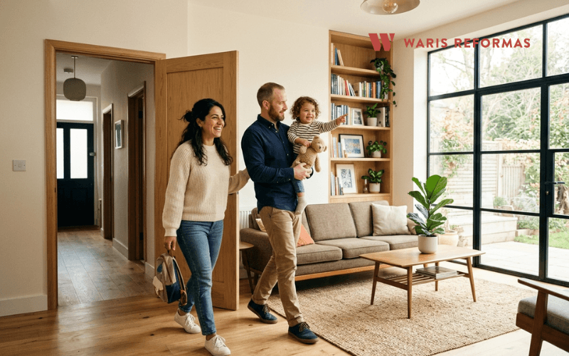 familia entrando en salon de vivienda tras reforma integral completa